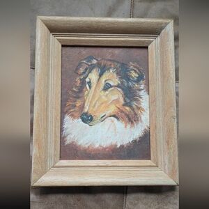 Vintage Framed Collie Dog Portrait Oil Painting